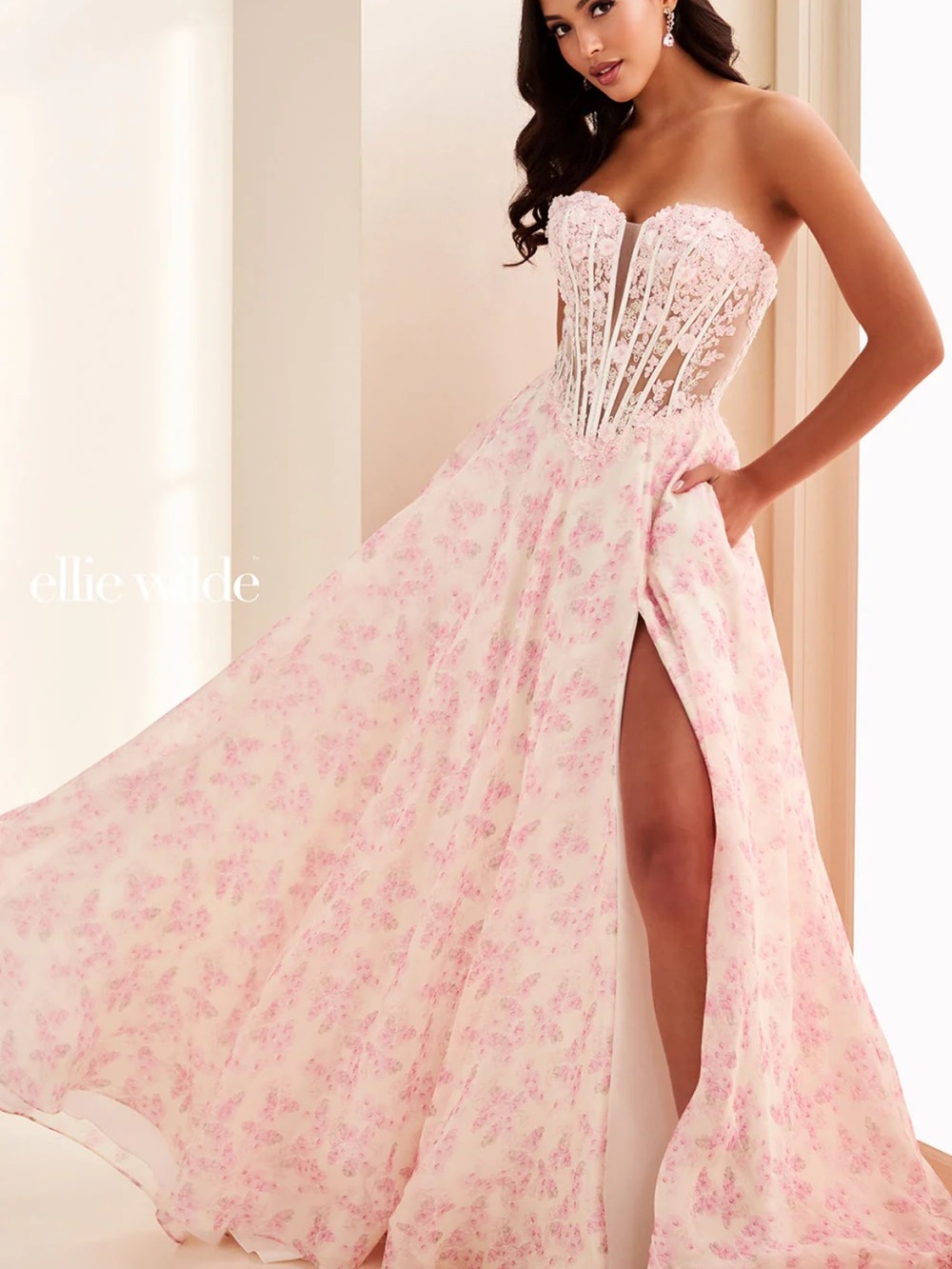 ellie wilde Strapless Pink Floral Corset Gown with High Slit